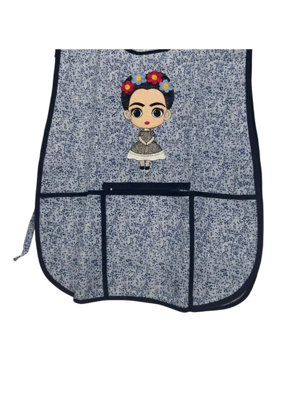 Apron Women One Size Blue Floral Frida-Inspired Embroidered Pockets Tie Closure